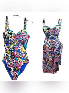 Bleu Rod Beattie Bright Blue Pink Orange Paisley Flowers Swimsuit + Sarong Cover